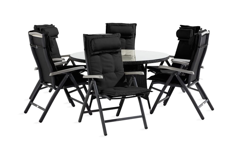 Thor spisebordsgruppe 140 Rund + 6 Monaco Havestol med hynde, Sort / grå