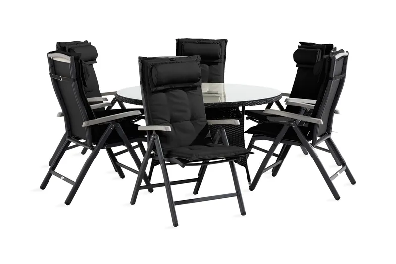 Thor spisebordsgruppe 140 Rund + 6 Monaco Havestol med hynde, Sort / grå