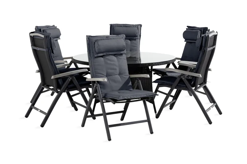 Thor spisebordsgruppe 140 Rund + 6 Monaco Havestol med hynde, Sort / grå