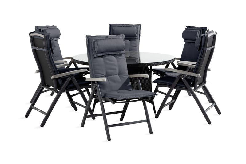 Thor spisebordsgruppe 140 Rund + 6 Monaco Havestol med hynde, Sort / grå
