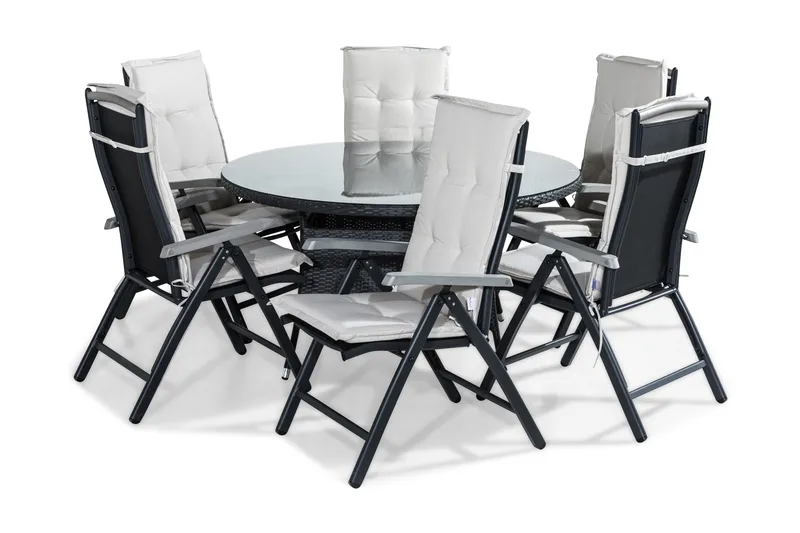 Thor Spisebordssæt 140 Rund + 6 Monaco Positionsstol m. Hynd, Sort/Grå/Hvid