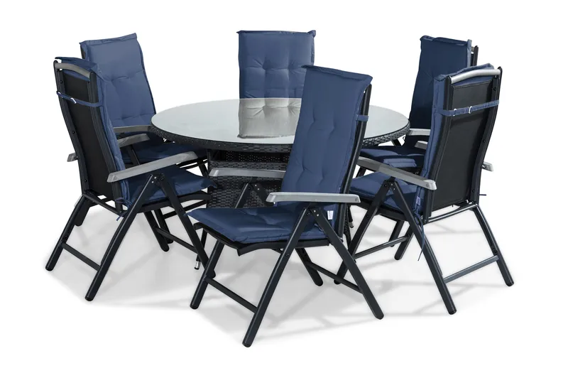 Thor Spisebordssæt 140 Rund + 6 Monaco Positionsstol m. Hynd - Sort/Grå/Blå - Havemøbler - Udendørsgruppe - Havesæt