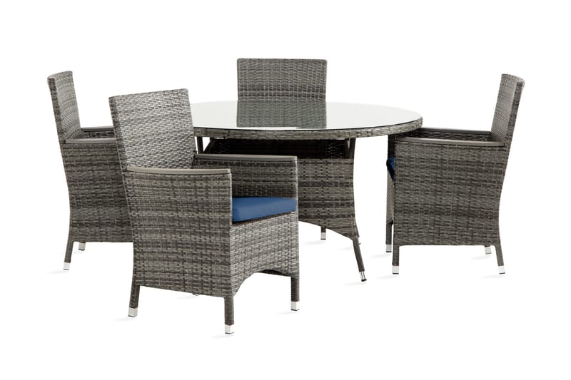 Thor Spisebordssæt 140 Rund+4 Thor Lyx Stol m Armleder+Hynde, Grå / Aintwood / blå