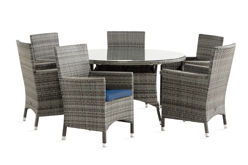 Thor Spisebordssæt 140 Rund+6 Thor Lyx Stol m Armleder+Hynde, Grå / Aintwood / blå