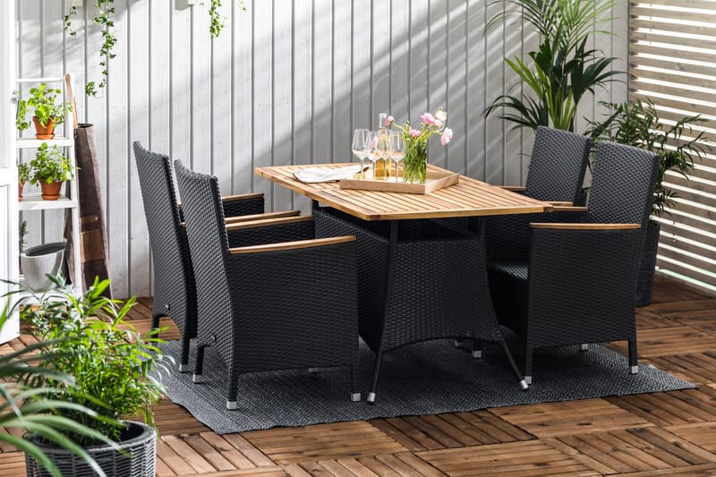 Thor Spisebordssæt 140x90 + 4 Thor Lyx Lænestol - Akacietop Sort/Teak - Havemøbler - Udendørsgruppe - Havesæt