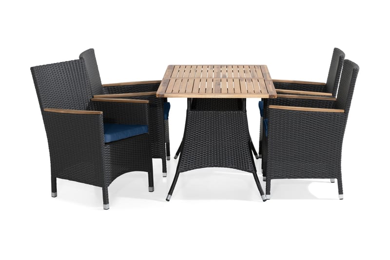 Thor Spisebordssæt 140x90 + 4 Thor Lyx Lænestol m. Hynde - Akacietop Sort/Teak/Blå - Havemøbler - Udendørsgruppe - Havesæt