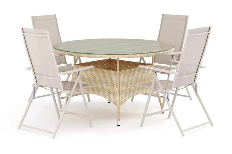 Thor udendørs rund spisegruppe 140 cm med 4 Sanna positionsstole, Beige