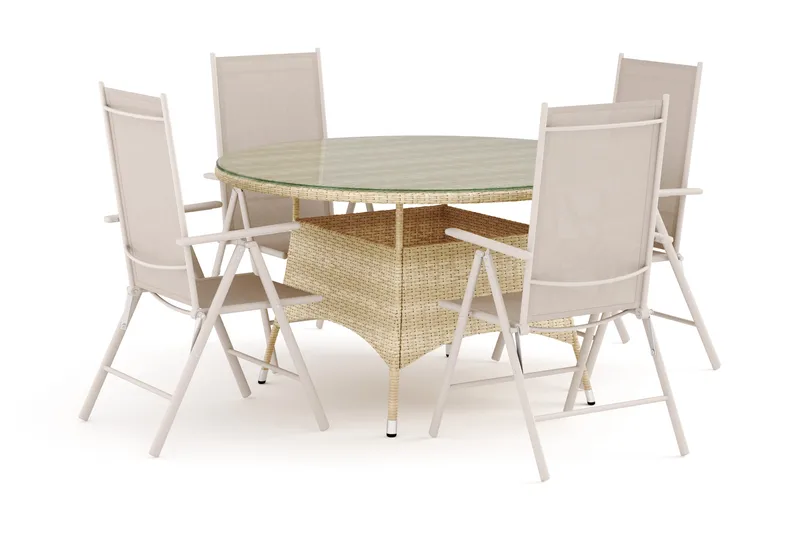 Thor udendørs rundt spisebordssæt 140 cm med 4 Maggie positionsstole, Beige