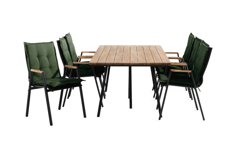 Trio Spisebordssæt + 6 Las Vegas Lænestole m Hynde - Grøn / sort / teak - Havesæt