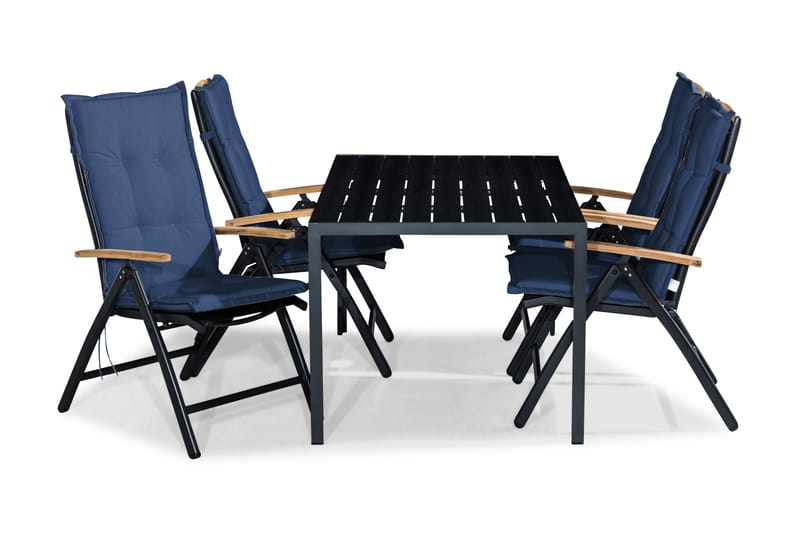 Tunis Havesæt 150x90 + 4 Las Vegas Lyx Positionsstol m. Hynd - Sort/Teak/Blå - Havemøbler - Udendørsgruppe - Havesæt