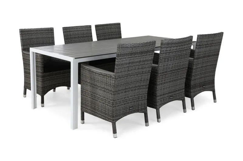 Tunis Havesæt 205 + 6 Thor Lænestole Lyx m Armlæn m Hynde, Hvid/Grå/Nonwood/Sort