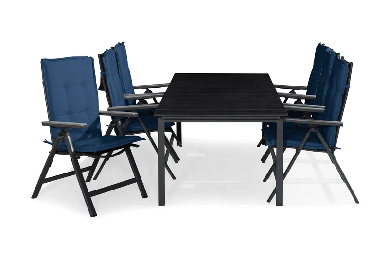 Tunis Havesæt 205x90 + 6 Monaco Light Positionsstol m. Hynde, Sort/Grå/Blå