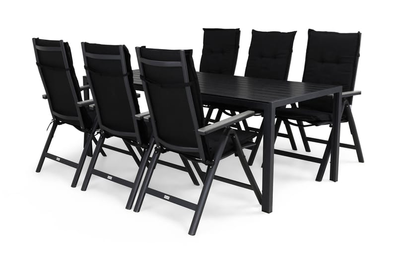 Tunis Havesæt 205x90 + 6 Monaco Light Positionsstol m. Hynde, Sort/Grå