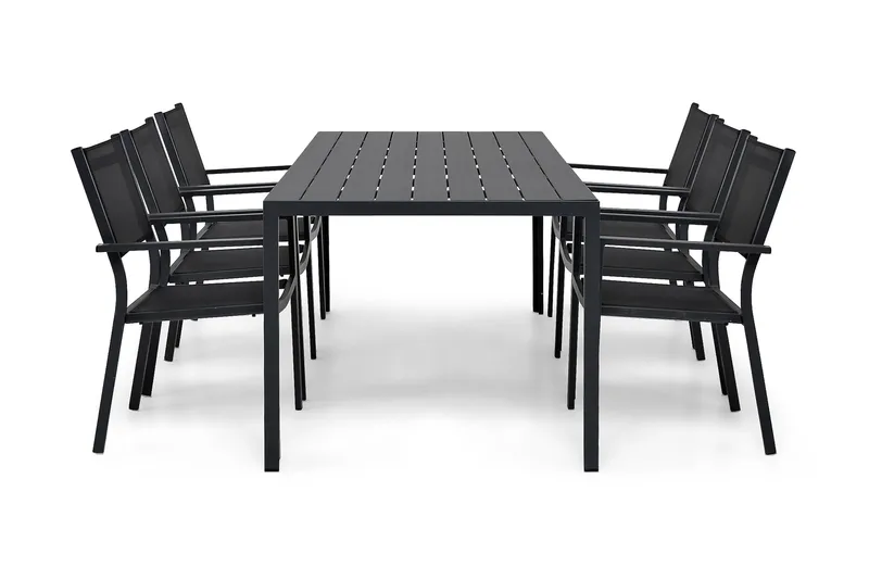 Tunis Havesæt 205x90 cm + 6 Tunis Stabelstole, Sort/Sort