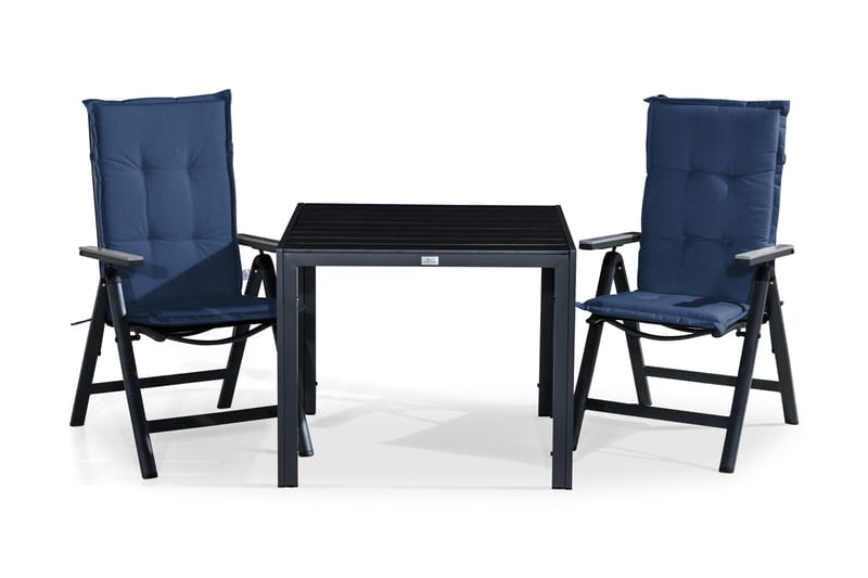 Tunis Havesæt 90x90 + 2 Monaco Light Positionsstol m. Hynde, Sort/Grå/Blå