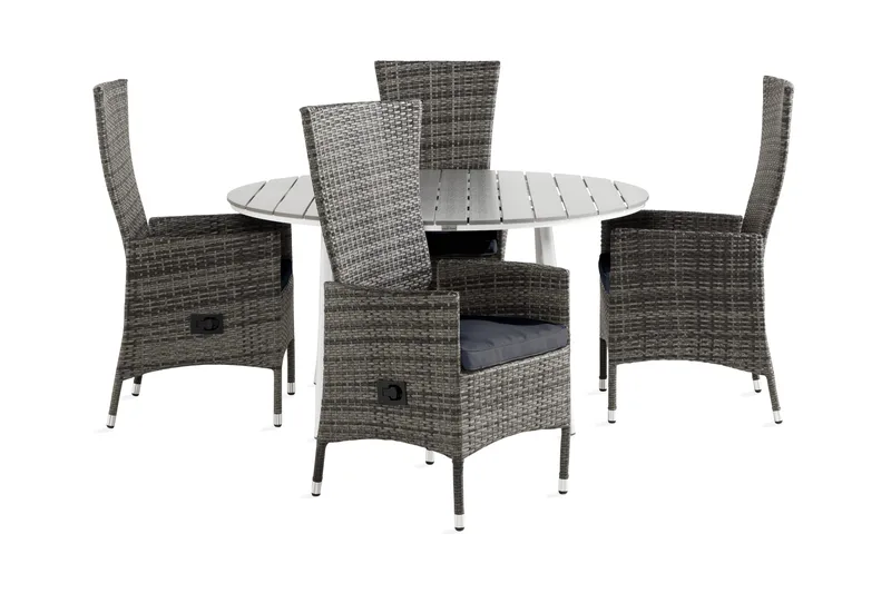 Tunis Spisebordsæt 140 Rund + 4 Jenny Lænestol Justerbar m H, Hvid/Grå