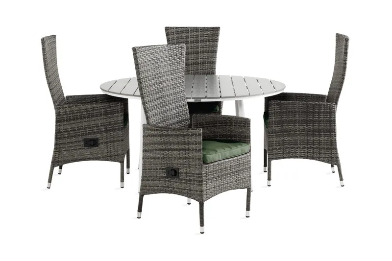 Tunis Spisebordsæt 140 Rund + 4 Jenny Lænestol Justerbar m H, Hvid/Grå/Grøn