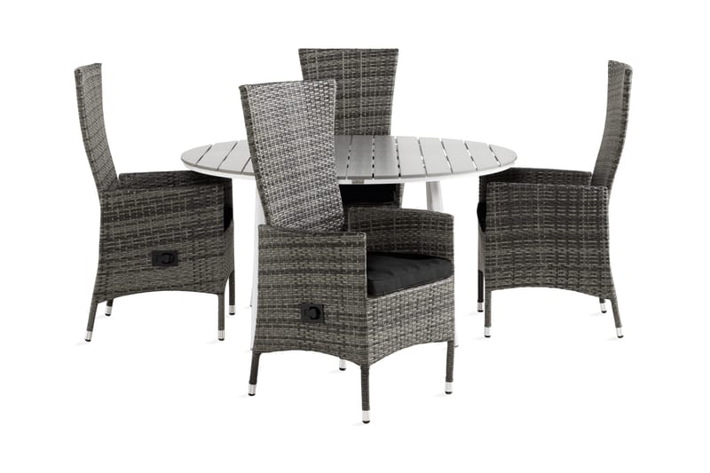 Tunis Spisebordsæt 140 Rund + 4 Jenny Lænestol Justerbar m H, Hvid/Grå/Sort