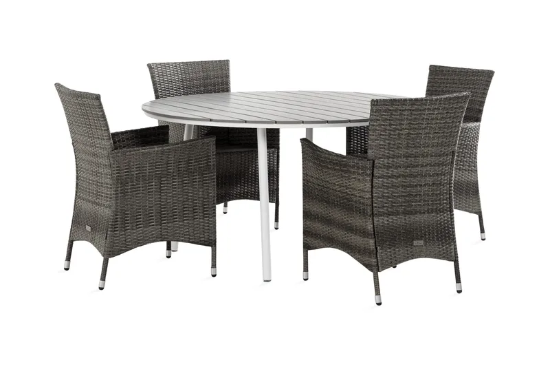 Tunis Spisebordsæt 140 Rund + 4 Thor Lænestol, Hvid/Grå