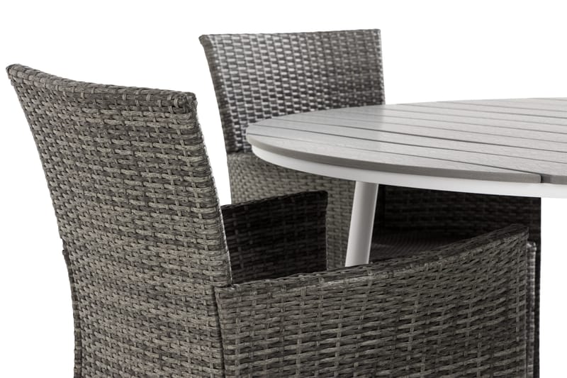 Tunis Spisebordsæt 140 Rund + 4 Thor Lænestol - Hvid/Grå - Havemøbler - Udendørsgruppe - Havesæt
