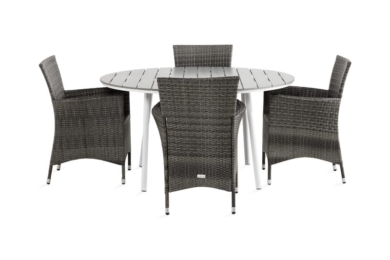 Tunis Spisebordsæt 140 Rund + 4 Thor Lænestol - Hvid/Grå - Havemøbler - Udendørsgruppe - Havesæt