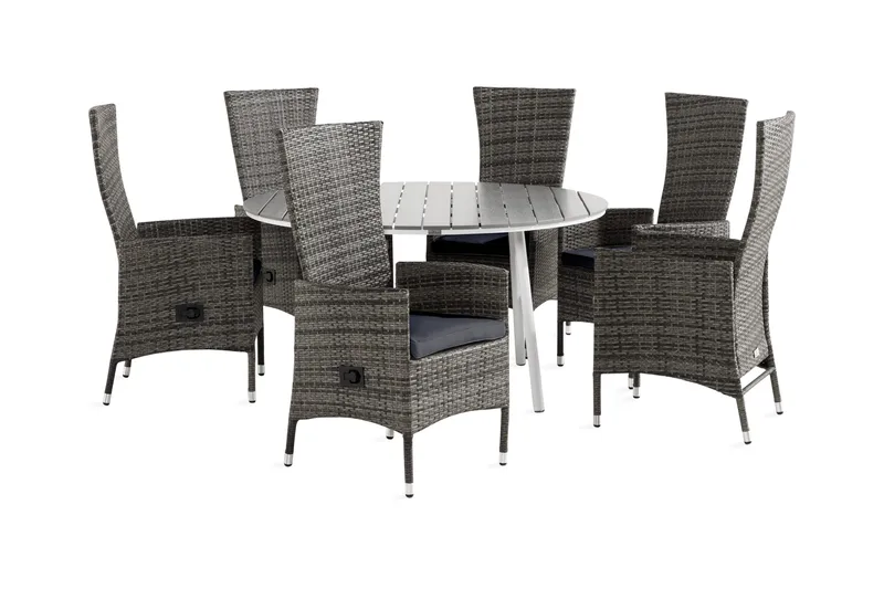 Tunis Spisebordsæt 140 Rund + 6 Jenny Lænestol Justerbar m H, Hvid/Grå