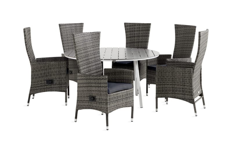 Tunis Spisebordsæt 140 Rund + 6 Jenny Lænestol Justerbar m H, Hvid/Grå