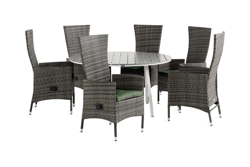 Tunis Spisebordsæt 140 Rund + 6 Jenny Lænestol Justerbar m H, Hvid/Grå/Grøn