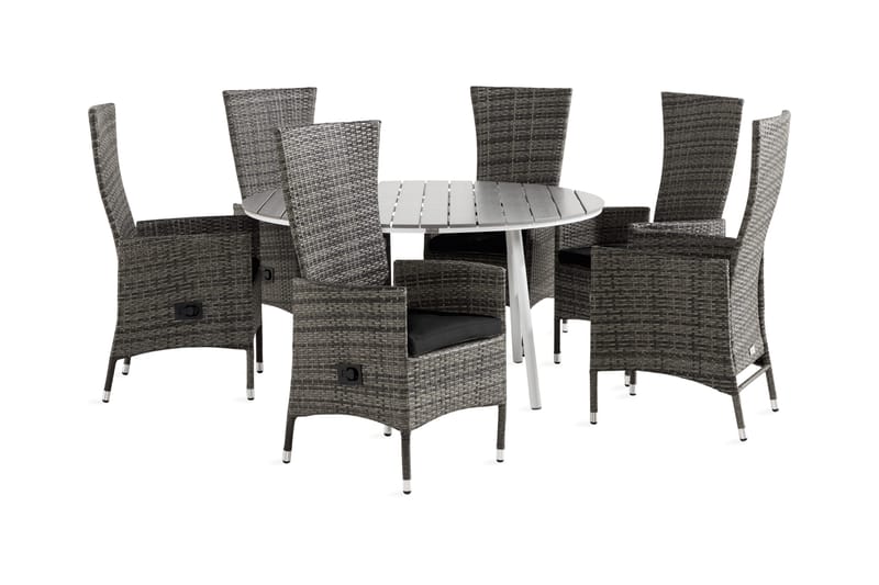 Tunis Spisebordsæt 140 Rund + 6 Jenny Lænestol Justerbar m H, Hvid/Grå/Sort