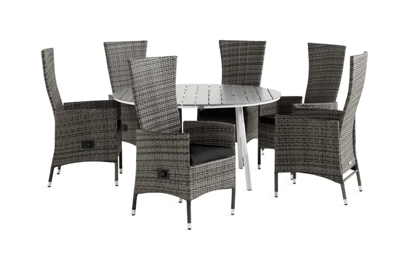 Tunis Spisebordsæt 140 Rund + 6 Jenny Lænestol Justerbar m H, Hvid/Grå/Sort