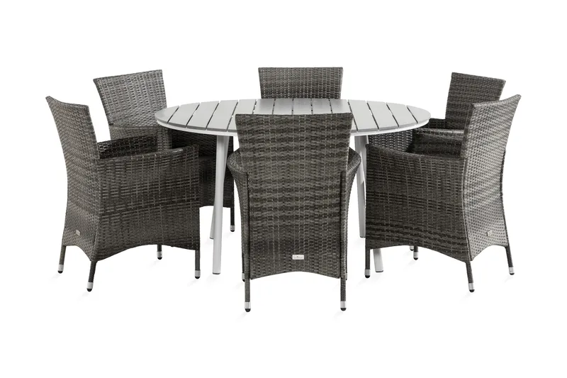 Tunis Spisebordsæt 140 Rund + 6 Thor Lænestol, Hvid/Grå
