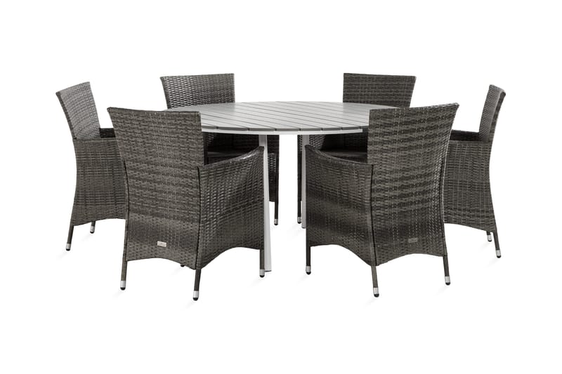 Tunis Spisebordsæt 140 Rund + 6 Thor Lænestol - Hvid/Grå - Havemøbler - Udendørsgruppe - Havesæt