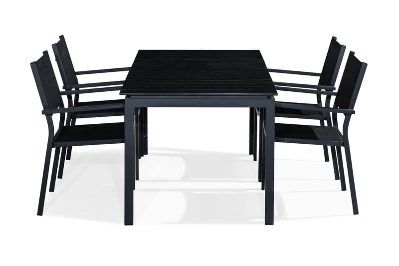 Tunis Spisebordsæt 152-210x90 + 4 Stabelstole - Sort - Havesæt