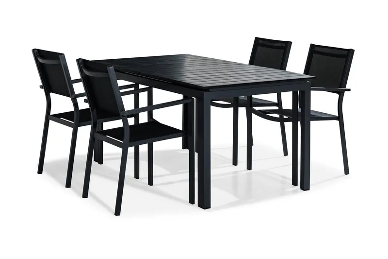 Tunis Spisebordsæt 152-210x90 + 4 Stabelstole - Sort - Havemøbler - Udendørsgruppe - Havesæt