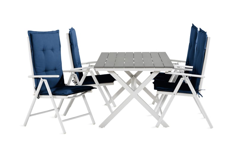 Tunis Spisebordssæt + 4 Maggie Positionstole med Hynde - Sort / Blå / Hvid / Grå - Havesæt