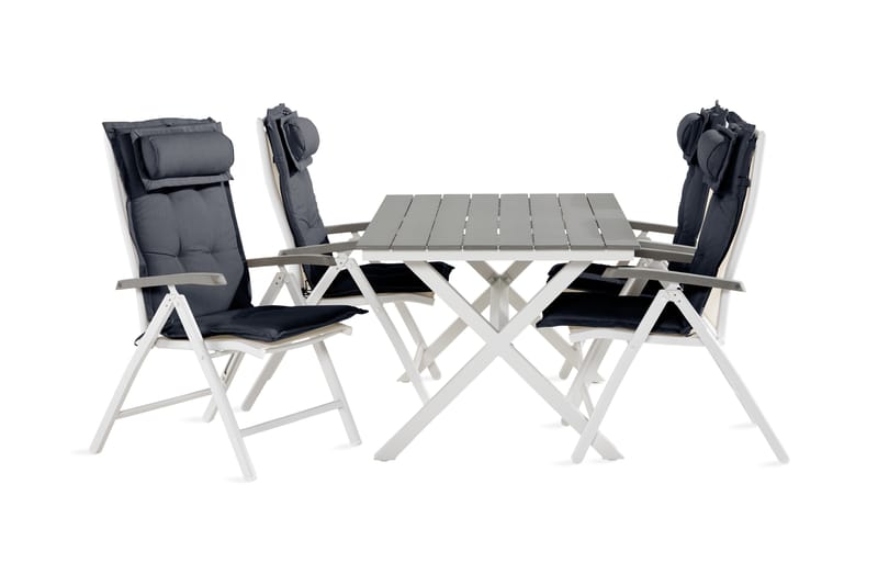 Tunis Spisebordssæt + 4 Monaco Lyx Positionstole med Hynde - Sort / Grå / Hvid - Havesæt