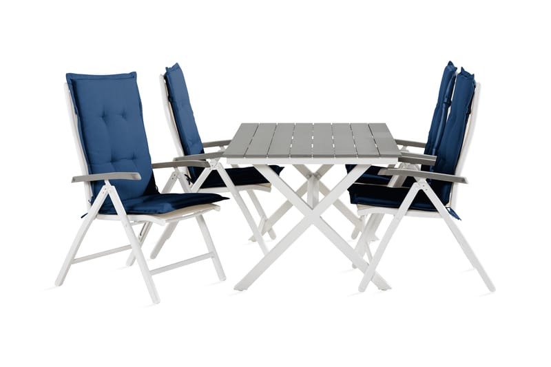 Tunis Spisebordssæt + 4 Monaco Lyx Positionstole med Hynde - Sort / Blå / Hvid - Havesæt
