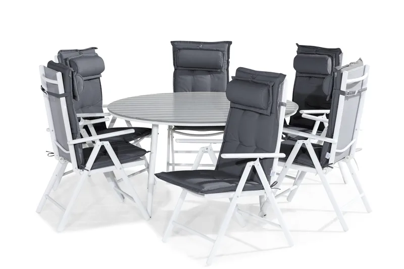 Tunis Spisebordssæt 140 Rund + 6 Maggie Positionsstol m. Hyn, Hvid/Grå