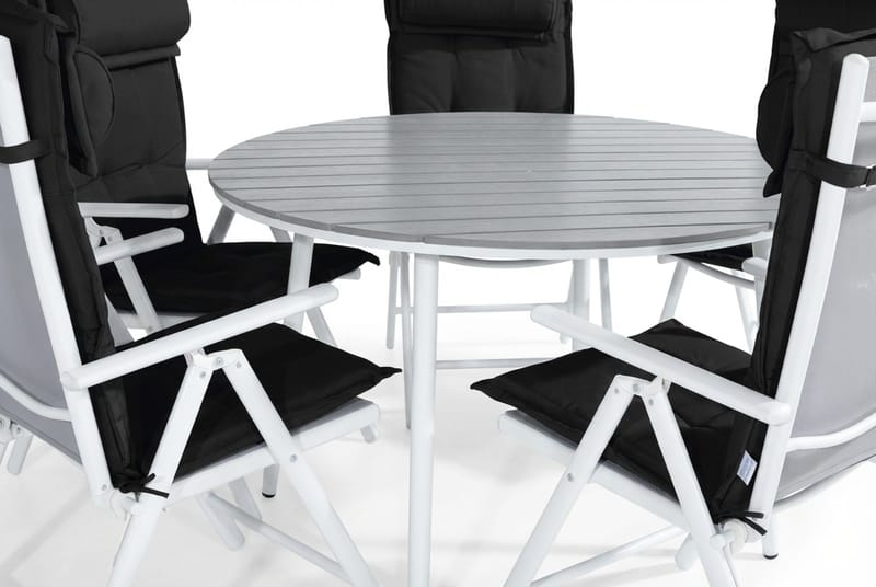 Tunis Spisebordssæt 140 Rund + 6 Maggie Positionsstol m. Hyn - Hvid/Grå/Sort - Havemøbler - Udendørsgruppe - Havesæt
