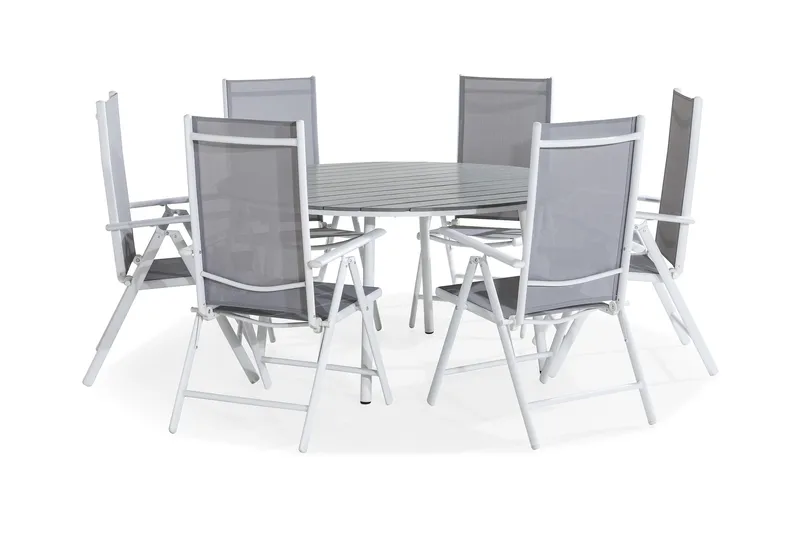 Tunis Spisebordssæt 140 Rund + 6 Maggie Positionsstol - Hvid/Grå - Havemøbler - Udendørsgruppe - Havesæt