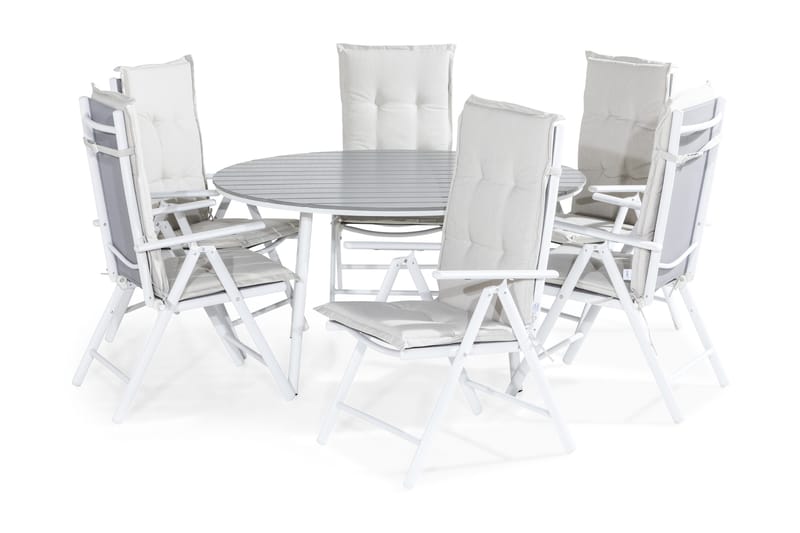 Tunis Spisebordssæt 140 Rund + 6 Maggie Positionsstol m. Hyn, Hvid/Grå/Offwhite
