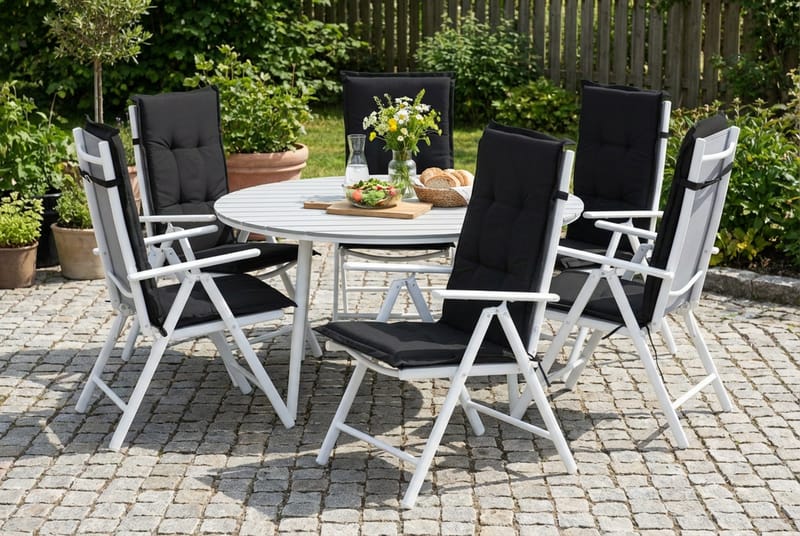 Tunis Spisebordssæt 140 Rund + 6 Maggie Positionsstol m. Hyn - Hvid/Grå/Sort - Havemøbler - Udendørsgruppe - Havesæt