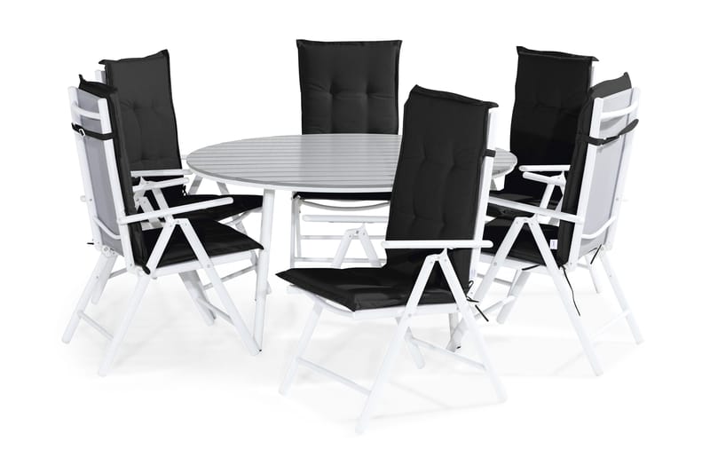 Tunis Spisebordssæt 140 Rund + 6 Maggie Positionsstol m. Hyn, Hvid/Grå/Sort