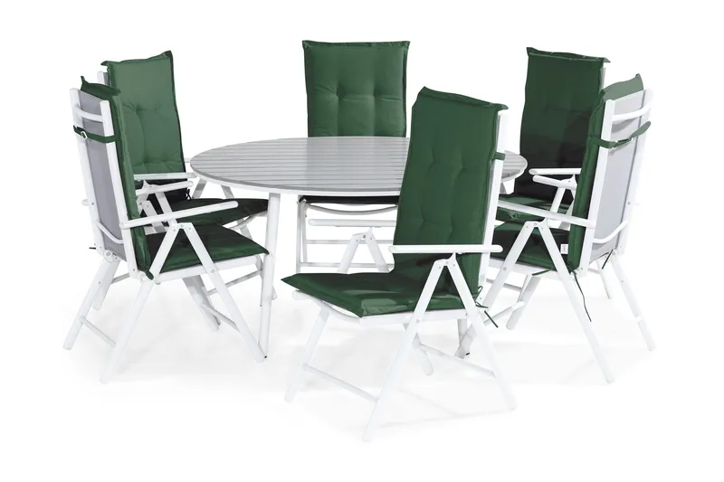 Tunis Spisebordssæt 140 Rund + 6 Maggie Positionsstol m. Hyn, Hvid/Grå/Grøn