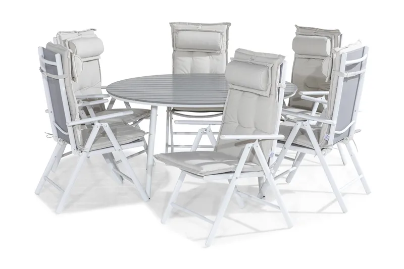 Tunis Spisebordssæt 140 Rund + 6 Maggie Positionsstol m. Hyn - Hvid/Grå/Offwhite - Havemøbler - Udendørsgruppe - Havesæt