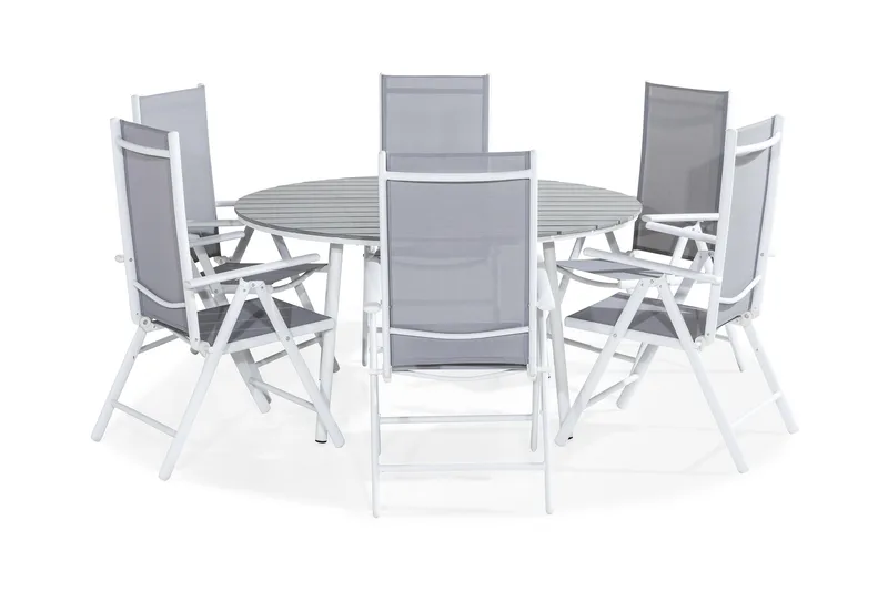Tunis Spisebordssæt 140 Rund + 6 Maggie Positionsstol, Hvid/Grå