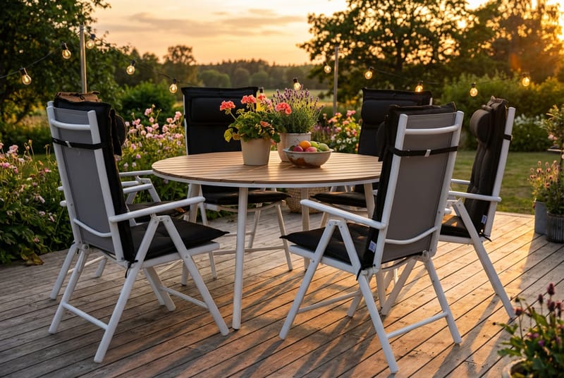 Tunis Spisebordssæt 140 Rund + 6 Maggie Positionsstol m. Hyn - Hvid/Grå/Sort - Havemøbler - Udendørsgruppe - Havesæt