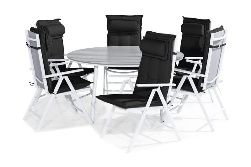 Tunis Spisebordssæt 140 Rund + 6 Maggie Positionsstol m. Hyn, Hvid/Grå/Sort