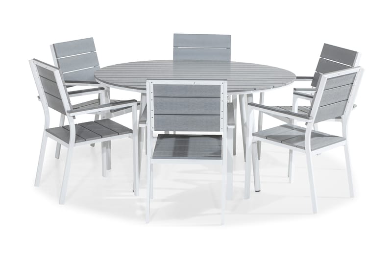 Tunis Spisebordssæt 140 Rund + 6 Stabelstole - Hvid/Grå - Havesæt