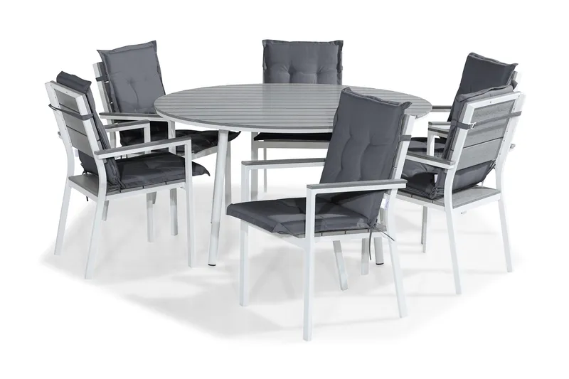 Tunis Spisebordssæt 140 Rund + 6 Stabelstole m. Hynde, Hvid/Grå